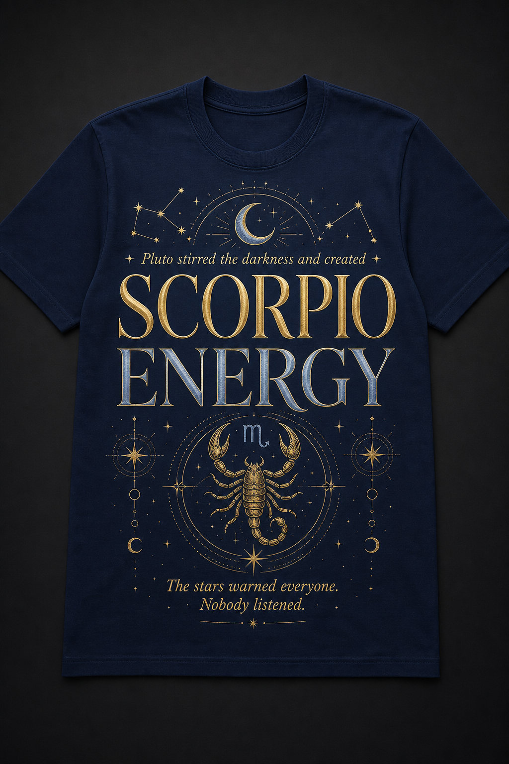 Navy horoscope shirt featuring bold Scorpio Energy celestial design